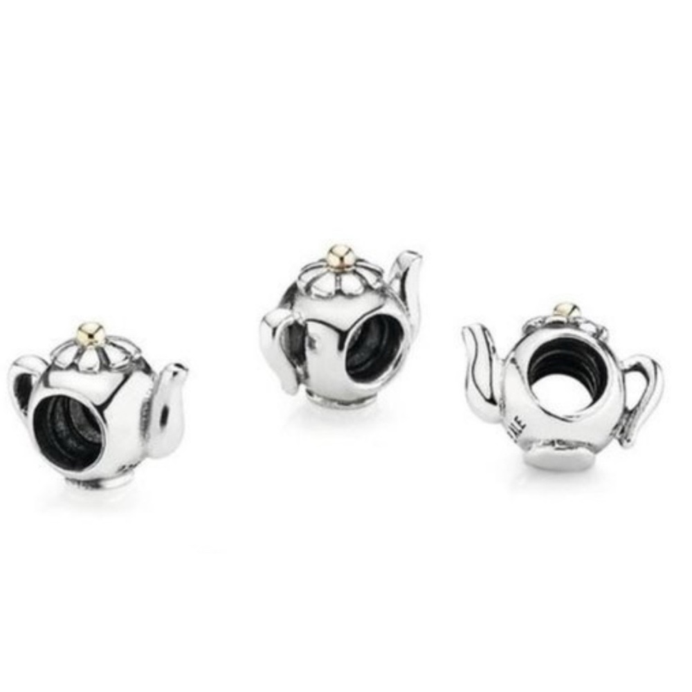 Pandora Retired Two Toned Teapot 14k Gold Sterling Silver Charm Whimsical